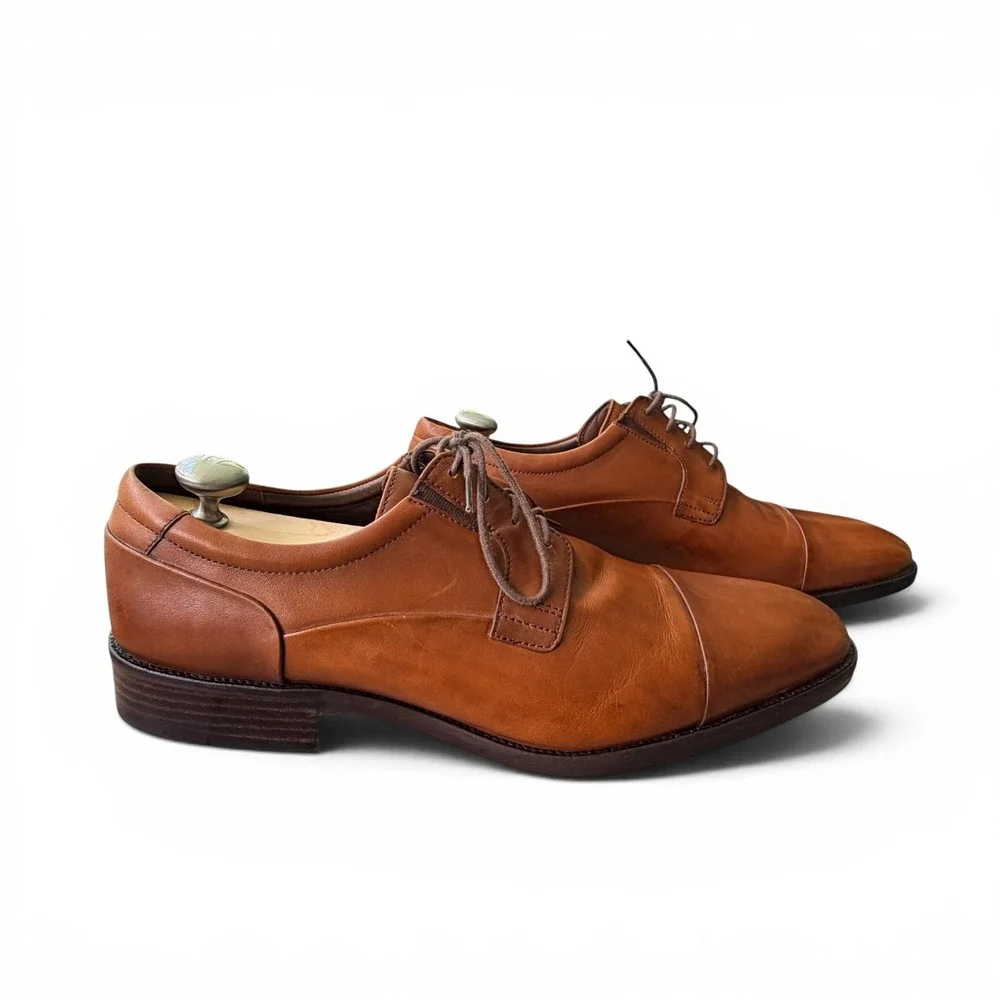 Johnston & Murphy Cap Toe Derby Mens 11 Tan Good Leather Sheepskin J&M Flex